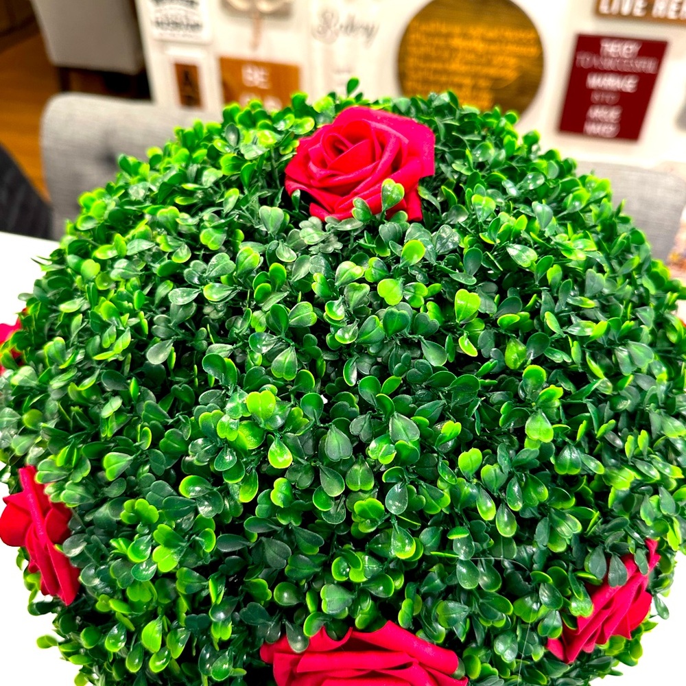 Faux Boxwood Red Rose Topiary - Picture 4 of 7